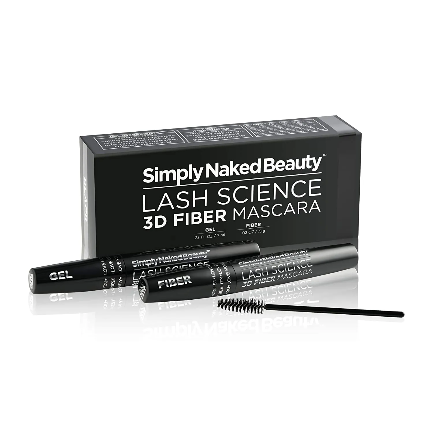 3D Fiber Lash Mascara by Simply Naked Beauty. Waterproof, lengthening voluminous, on lashes all day. Best and highest rated 3D and 4D gel and fiber formula. Non toxic, hypoallergenic, Natural. Black