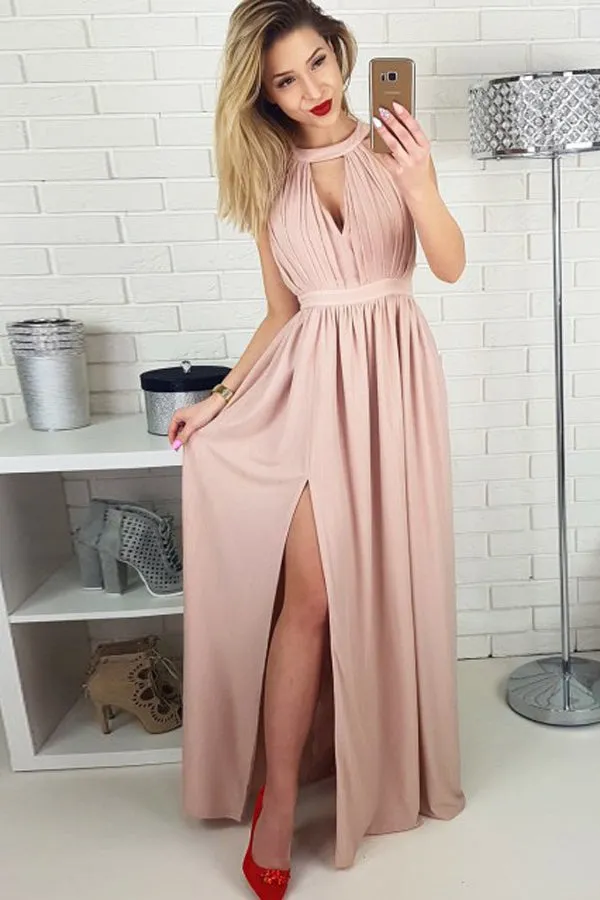 A-Line Jewel Floor-Length Blush Chiffon Prom Dress with Keyhole PDA596