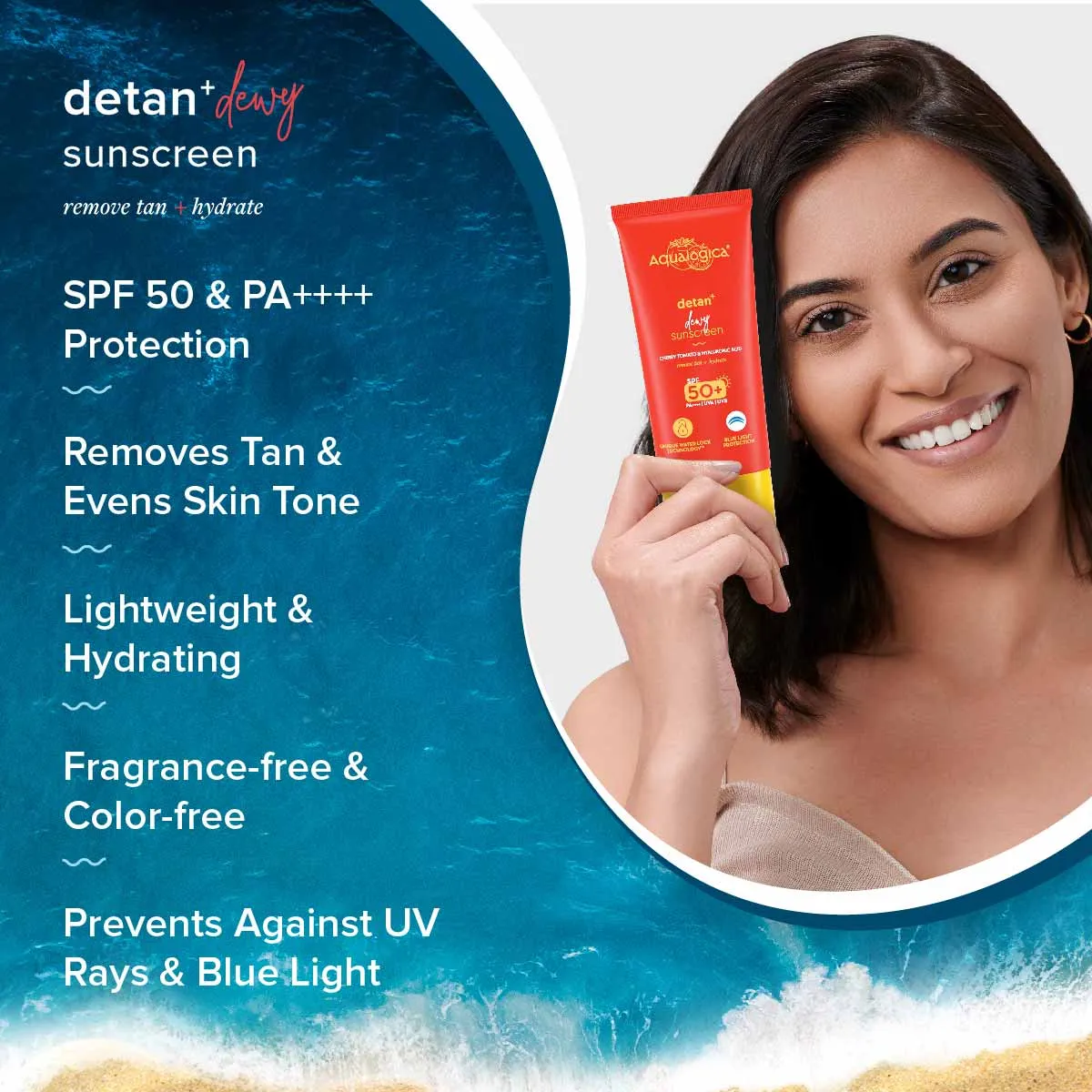 Detan  Dewy Sunscreen with SPF 50  & PA     for UVA/B & Blue Light Protection  & No White Cast - 80g