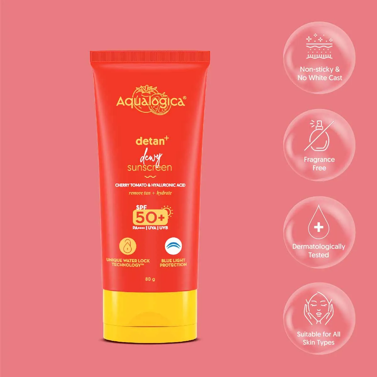 Detan  Dewy Sunscreen with SPF 50  & PA     for UVA/B & Blue Light Protection  & No White Cast - 80g