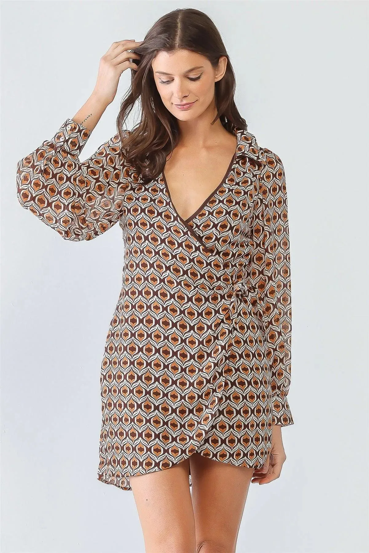 White & Brown Printed Wrap Self-Tie Long Sleeve Mini Dress /3-2-1