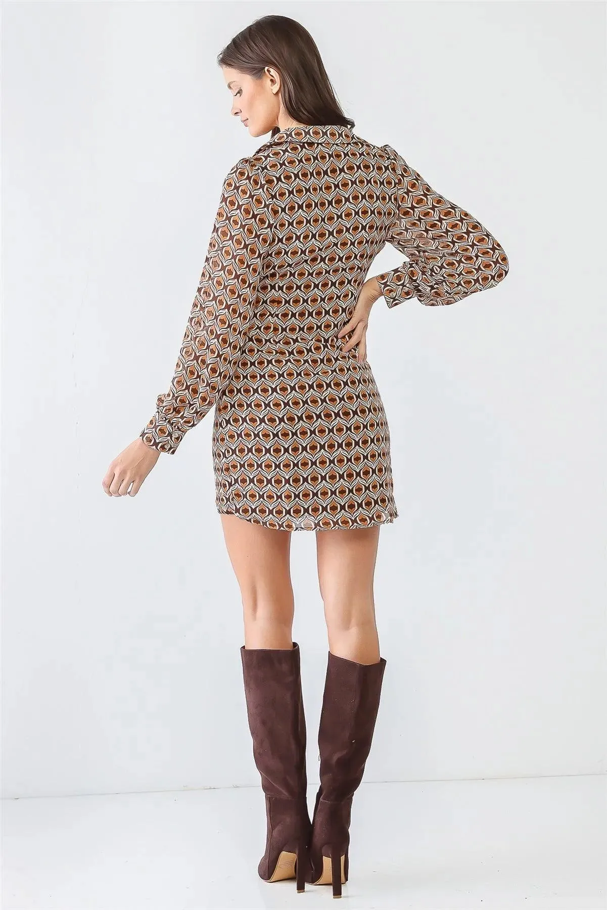 White & Brown Printed Wrap Self-Tie Long Sleeve Mini Dress /3-2-1