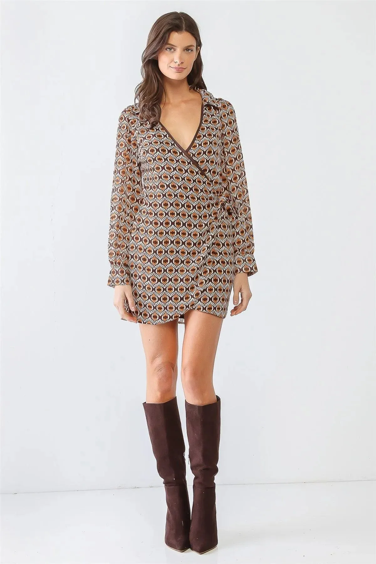 White & Brown Printed Wrap Self-Tie Long Sleeve Mini Dress /3-2-1